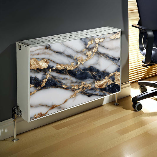 Marble-patterned magnetic radiator cover against a dark wall with a chair in the background