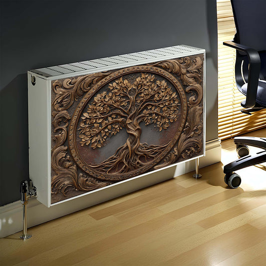 Decorative magnetic radiator cover with tree design in a room setting