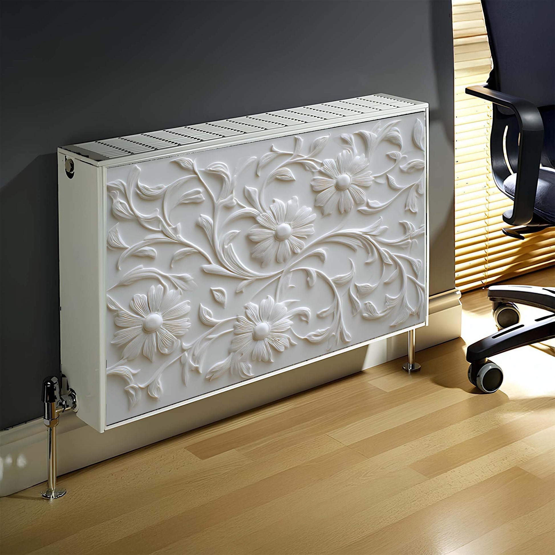 Decorative magnetic radiator cover with floral patterns in a room setting