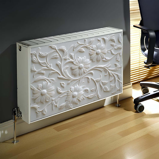 Decorative magnetic radiator cover with floral patterns in a room setting