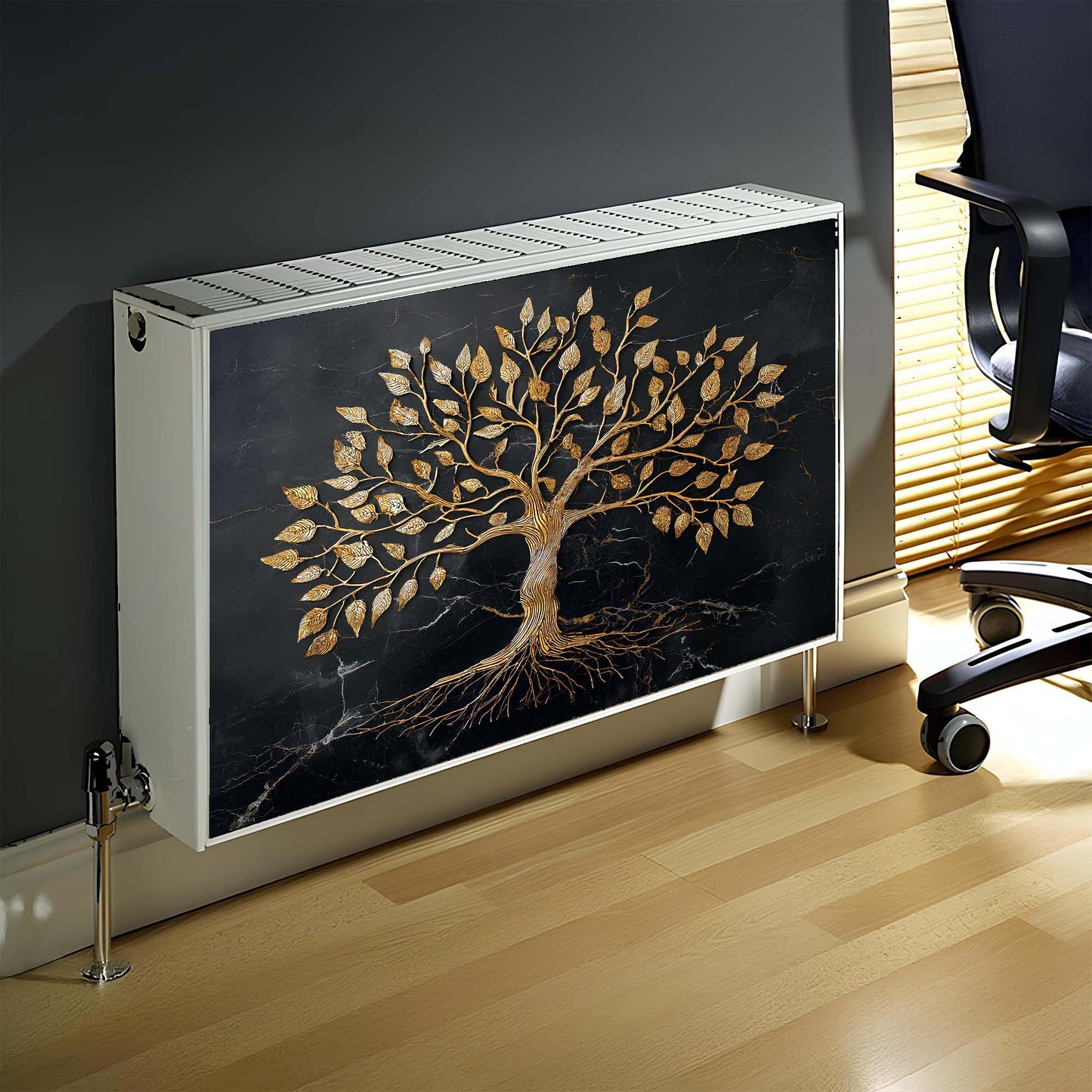 Decorative magnetic radiator cover with tree design on a wall in an office setting