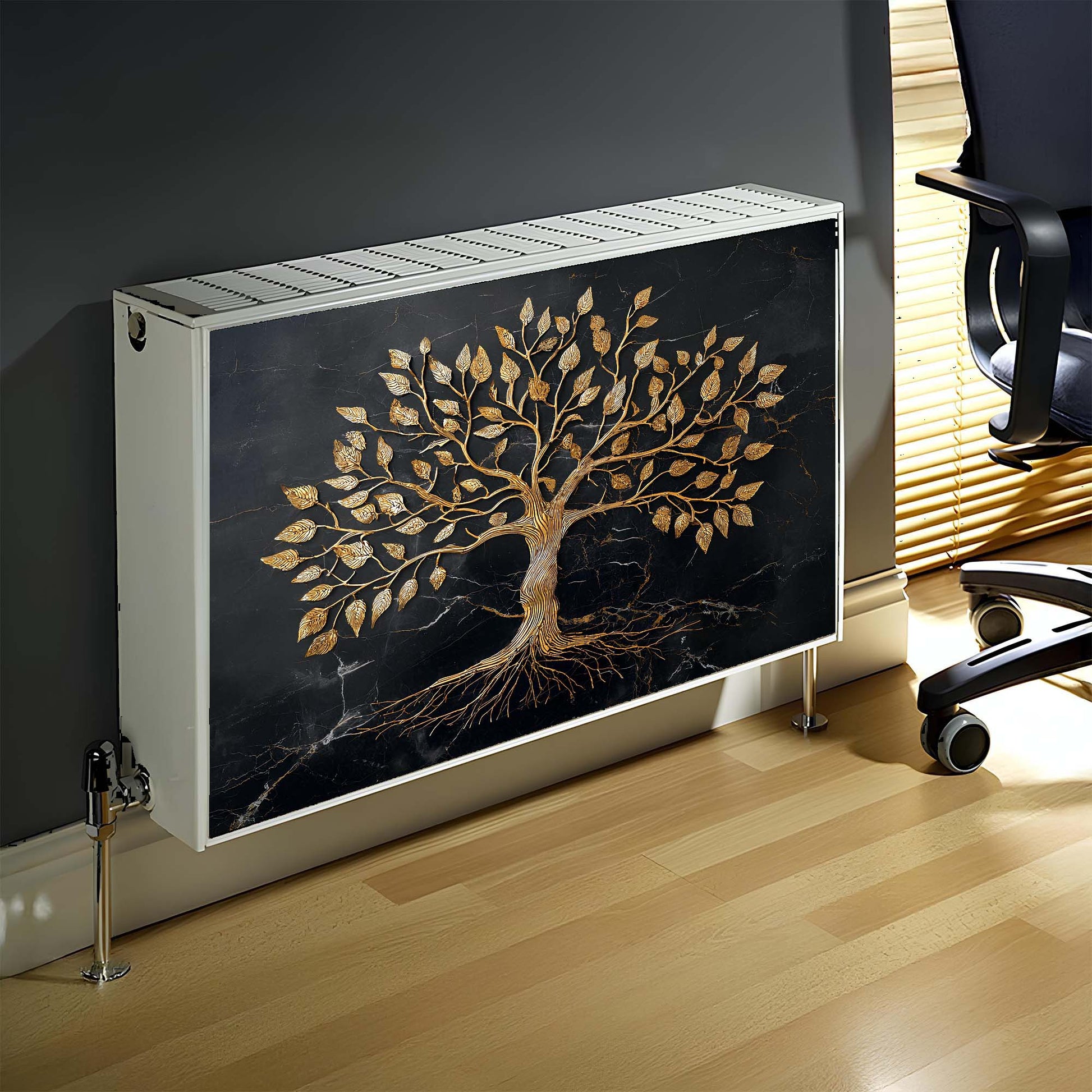 Decorative magnetic radiator cover with tree design on a wall in an office setting