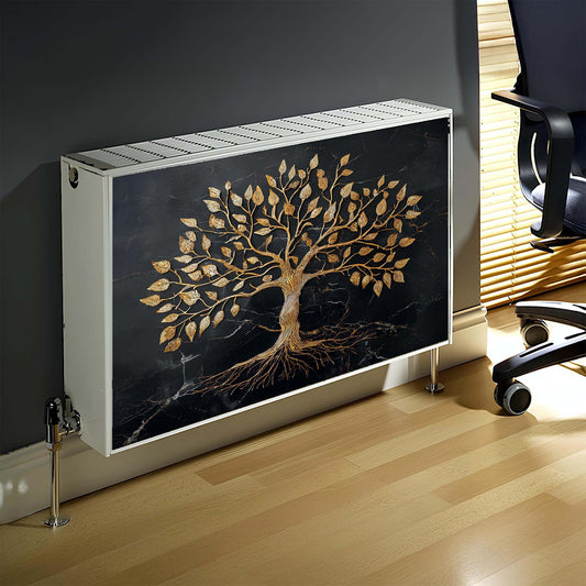 Decorative magnetic radiator cover with tree design on a wall in an office setting