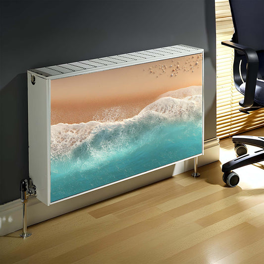 Magnetic radiator cover with a beach scene design in an office setting