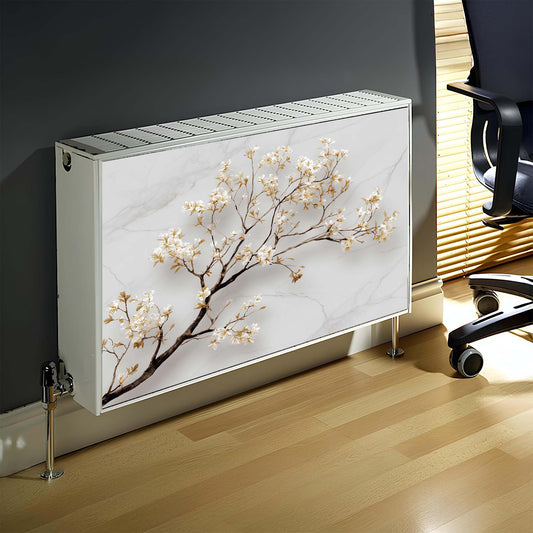 Decorative magnetic radiator cover with floral design on a wall in an office setting