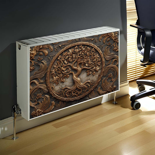 Decorative magnetic radiator cover with intricate tree design in a room setting