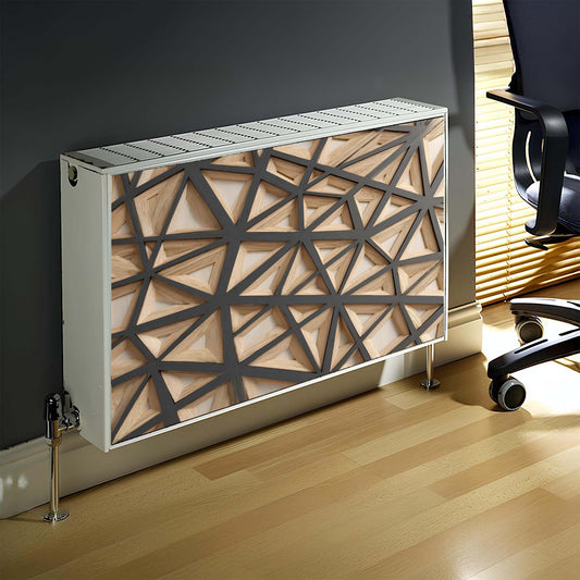 Decorative magnetic radiator cover with geometric design in a room setting