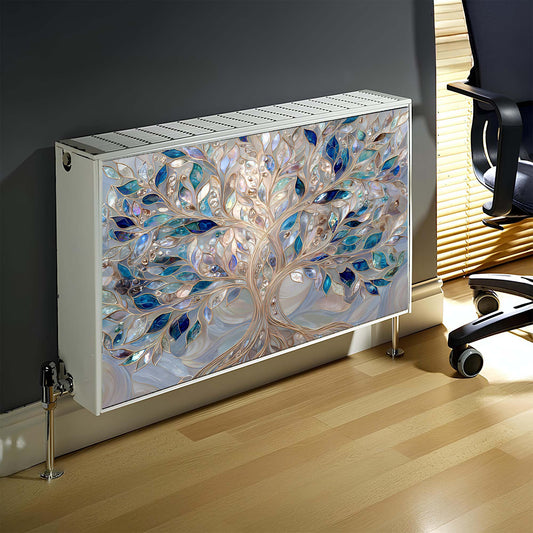 Decorative magnetic radiator cover with tree design in a room setting