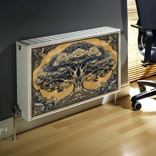 Decorative radiator with tree design in a room setting