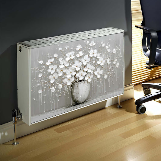Decorative magnetic radiator cover with floral design in a room setting