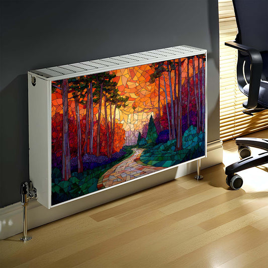 Decorative magnetic radiator cover with a colorful forest design in an office setting