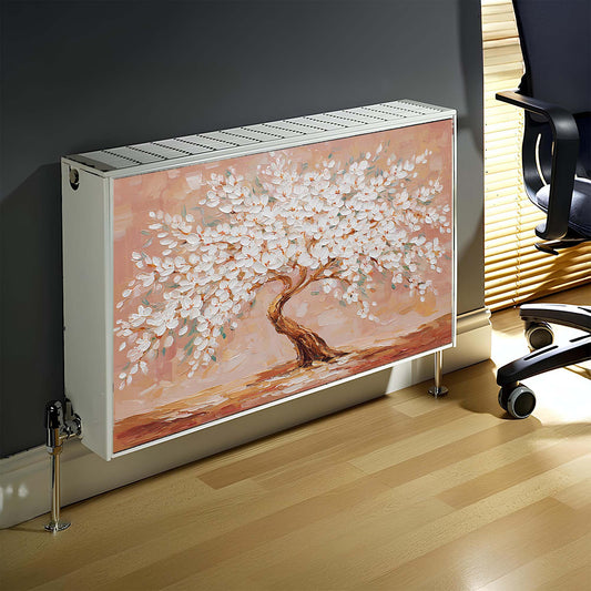 Magnetic radiator cover featuring a cherry blossom tree design in a room.