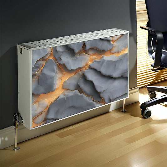 Decorative magnetic radiator cover with marble-like design in a room setting