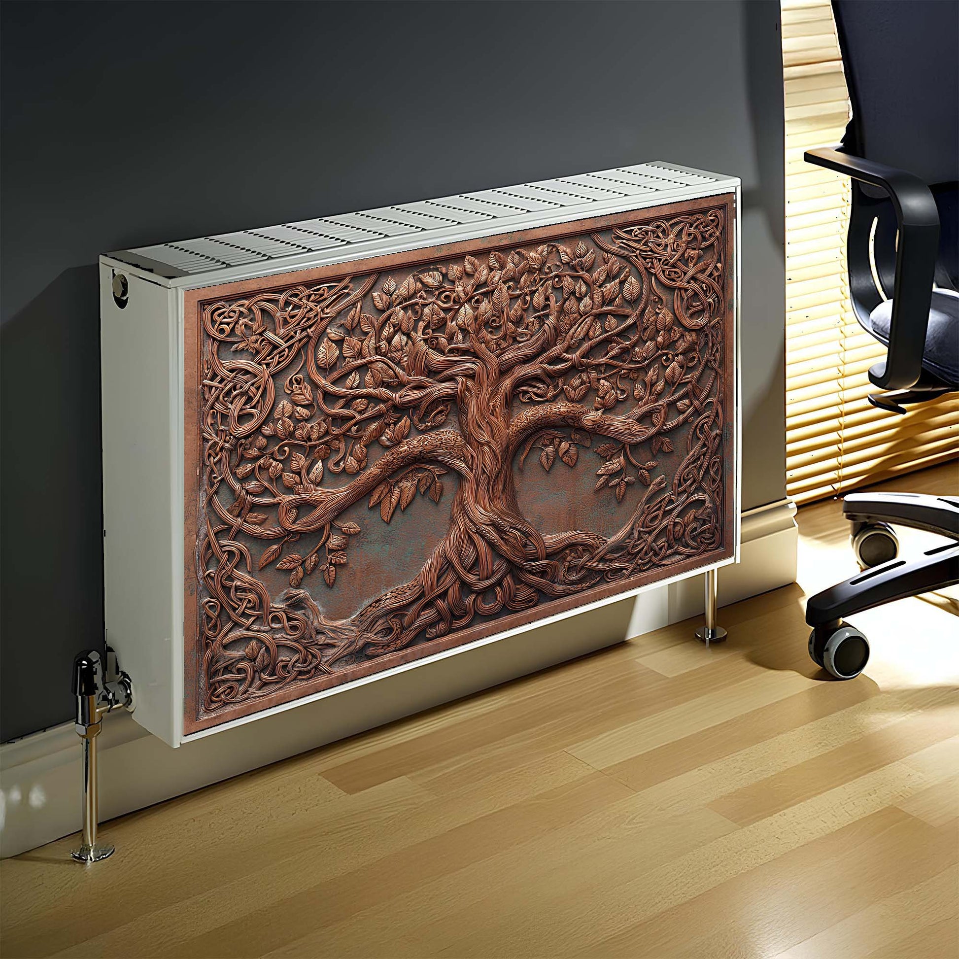 Decorative magnetic radiator cover with tree design in a room setting