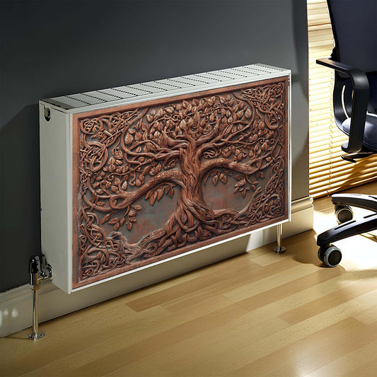 Decorative magnetic radiator cover with tree design in a room setting