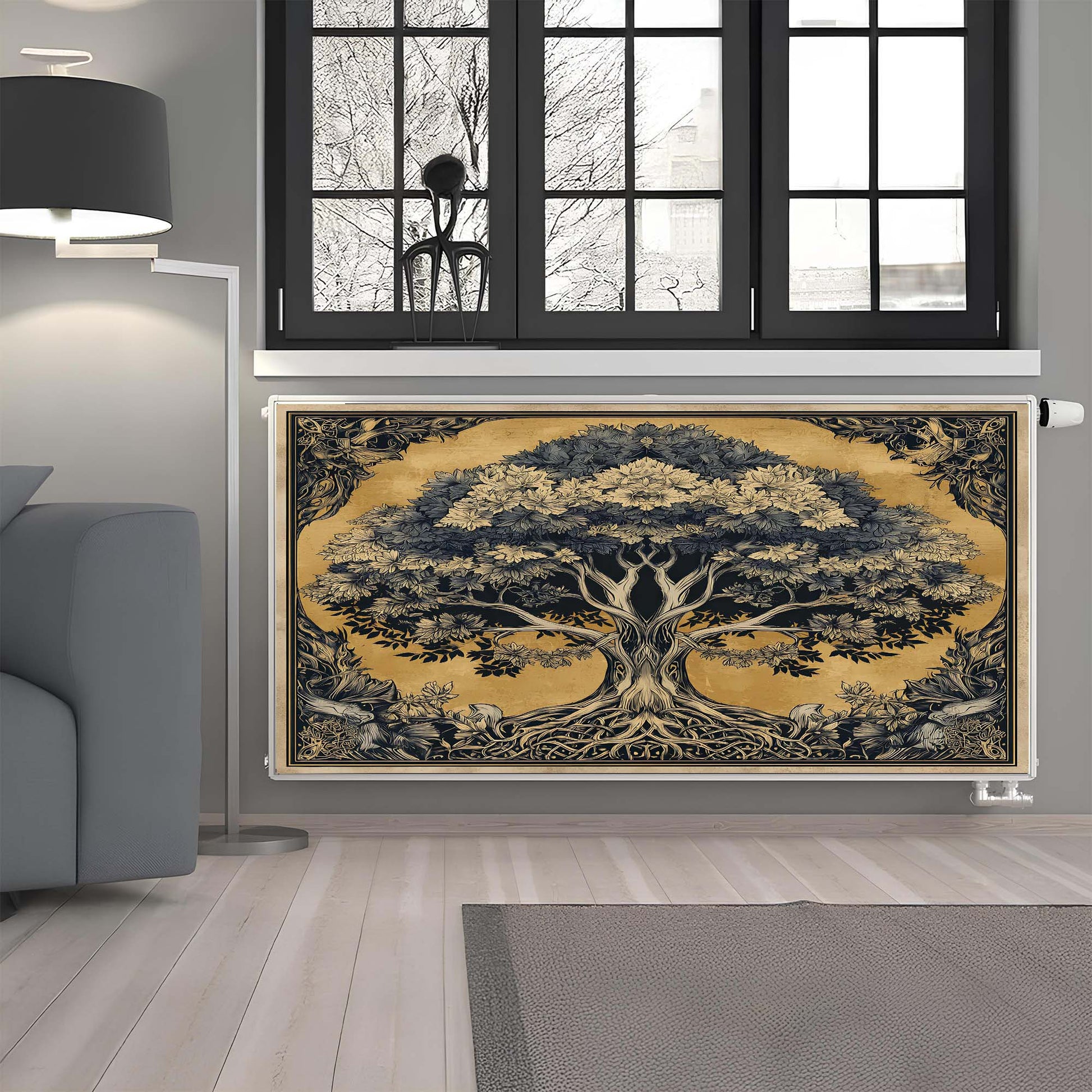 Decorative radiator cover with tree design in a modern living room.