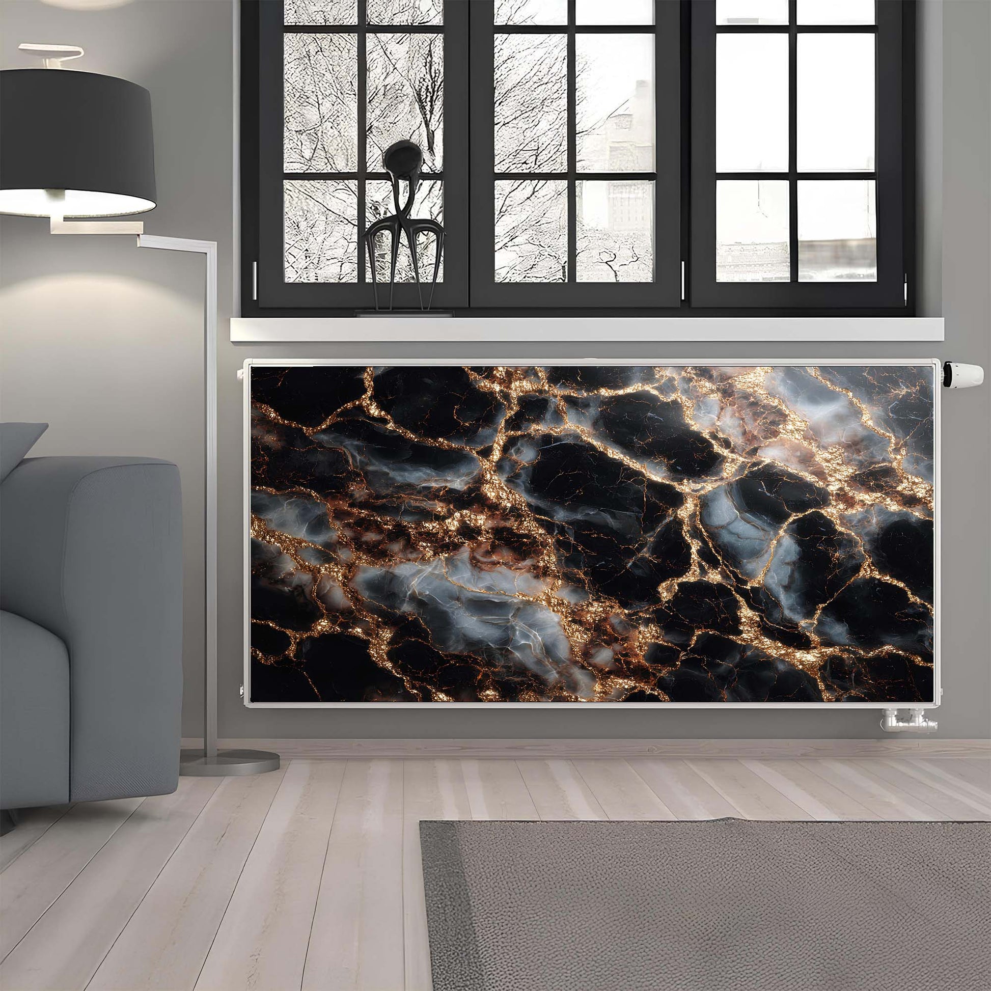 Modern living room with a marble-patterned magnetic radiator cover.