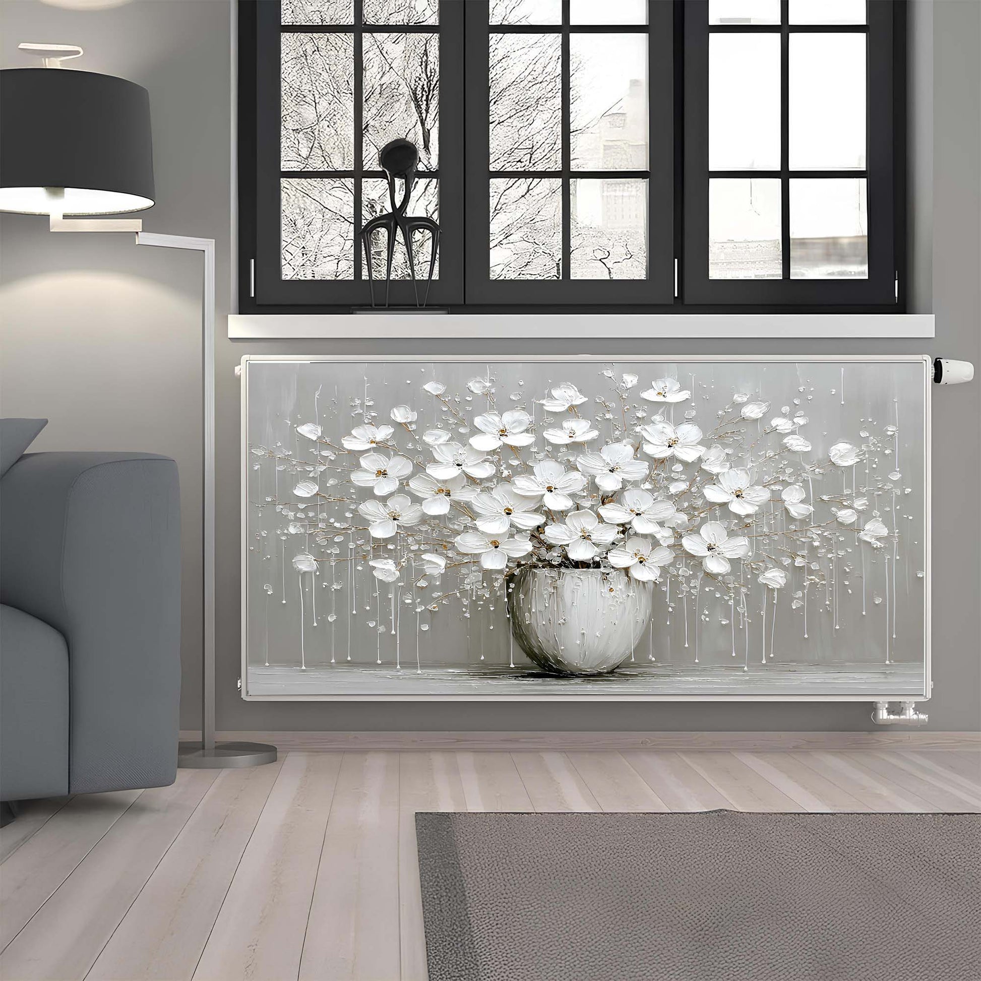 Decorative magnetic radiator cover with floral design in a modern living room.
