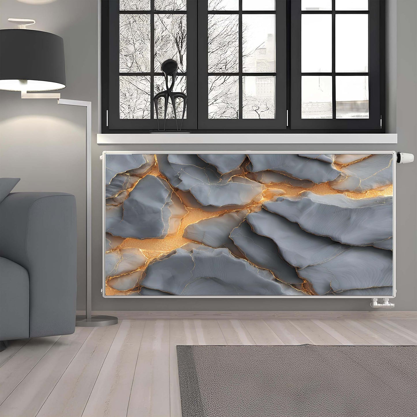 Modern living room with a magnetic radiator cover