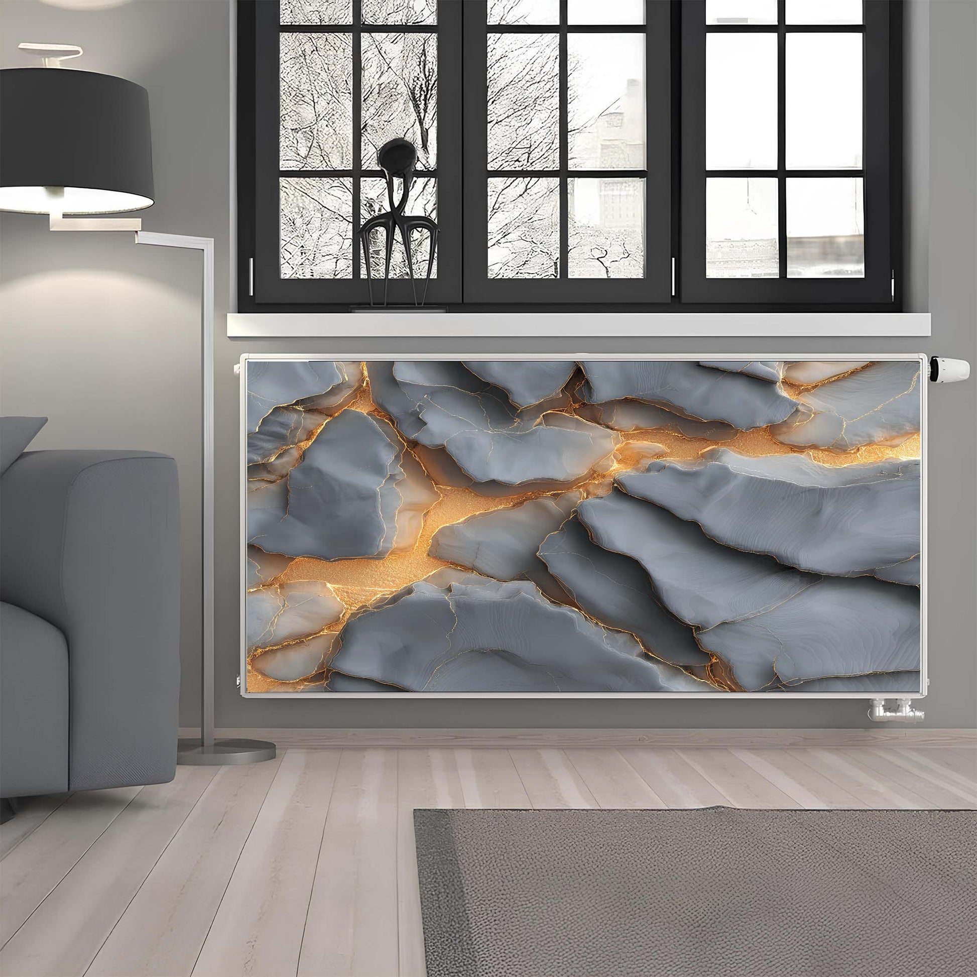 Modern living room with a magnetic radiator cover