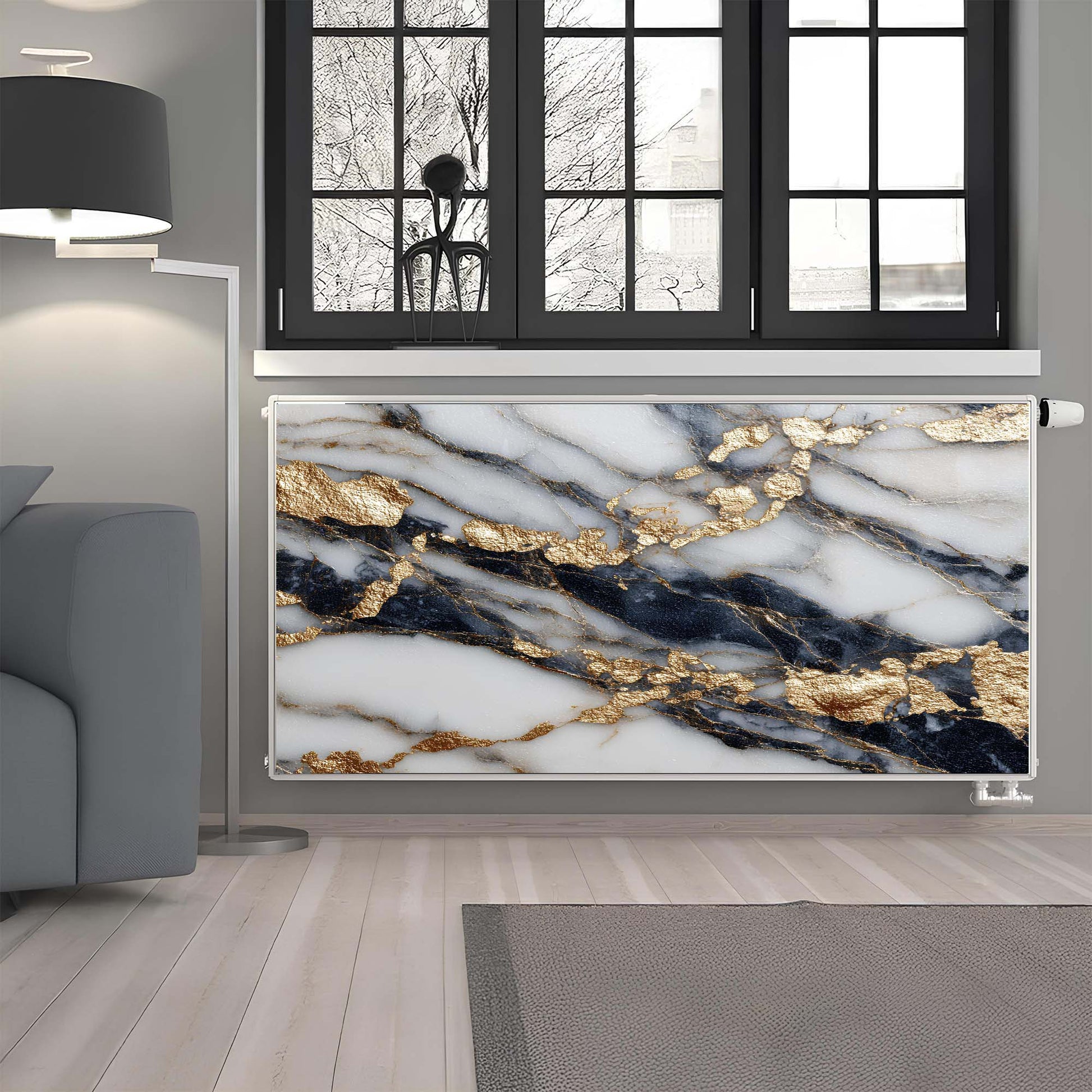 Marble-patterned magnetic radiator cover in a modern room with a sofa and large window.