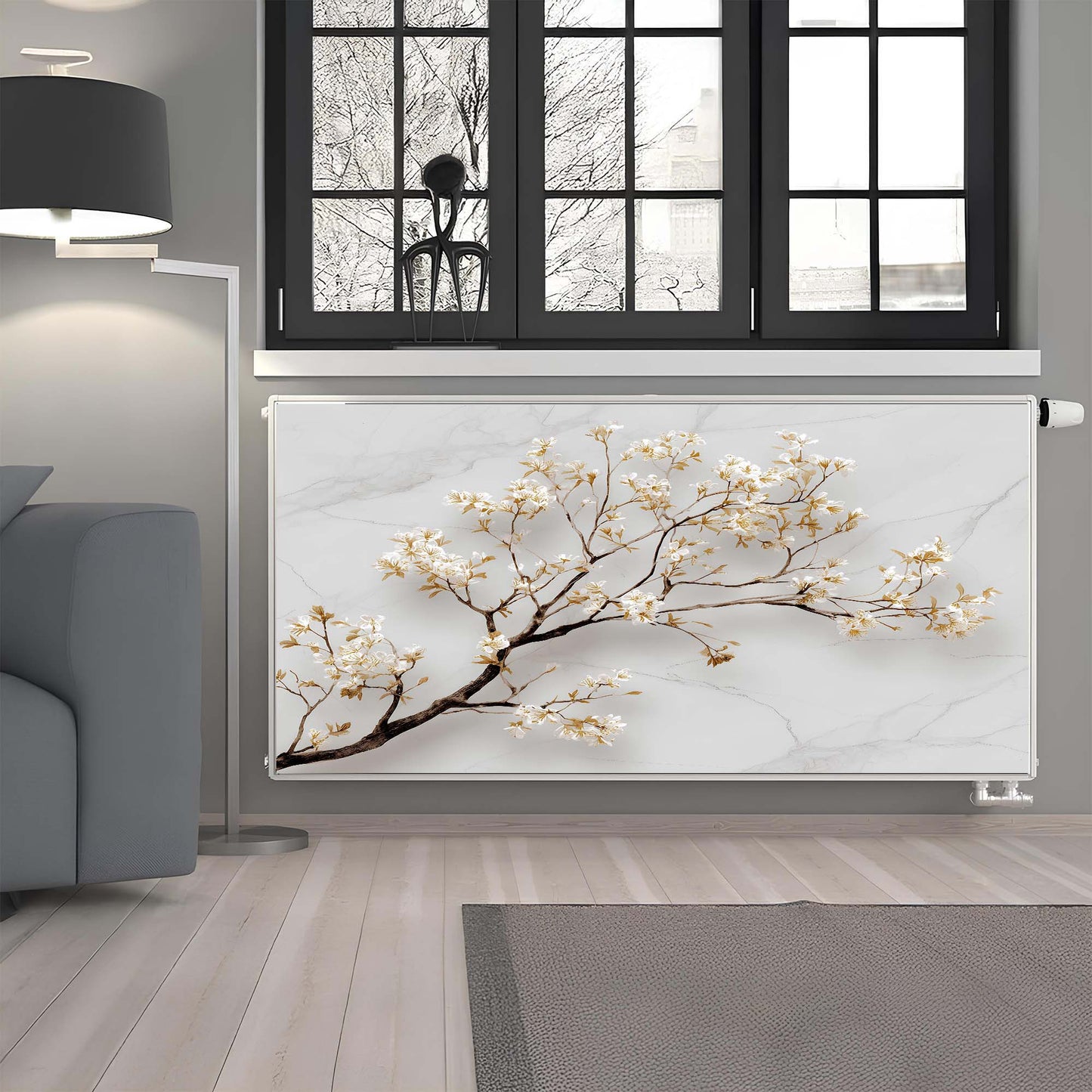 Decorative magnetic radiator cover with floral design in a modern living room.