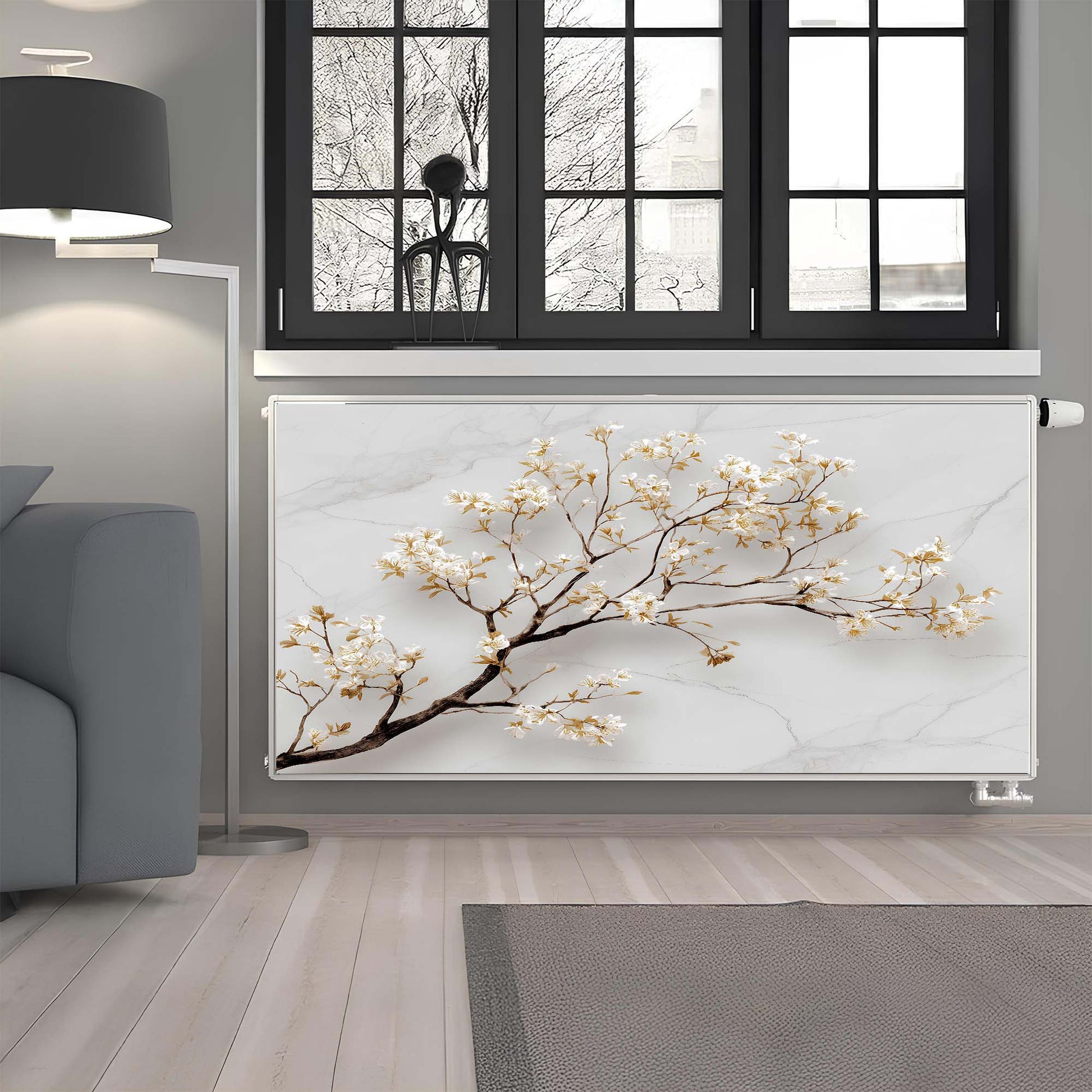 Decorative magnetic radiator cover with floral design in a modern living room.