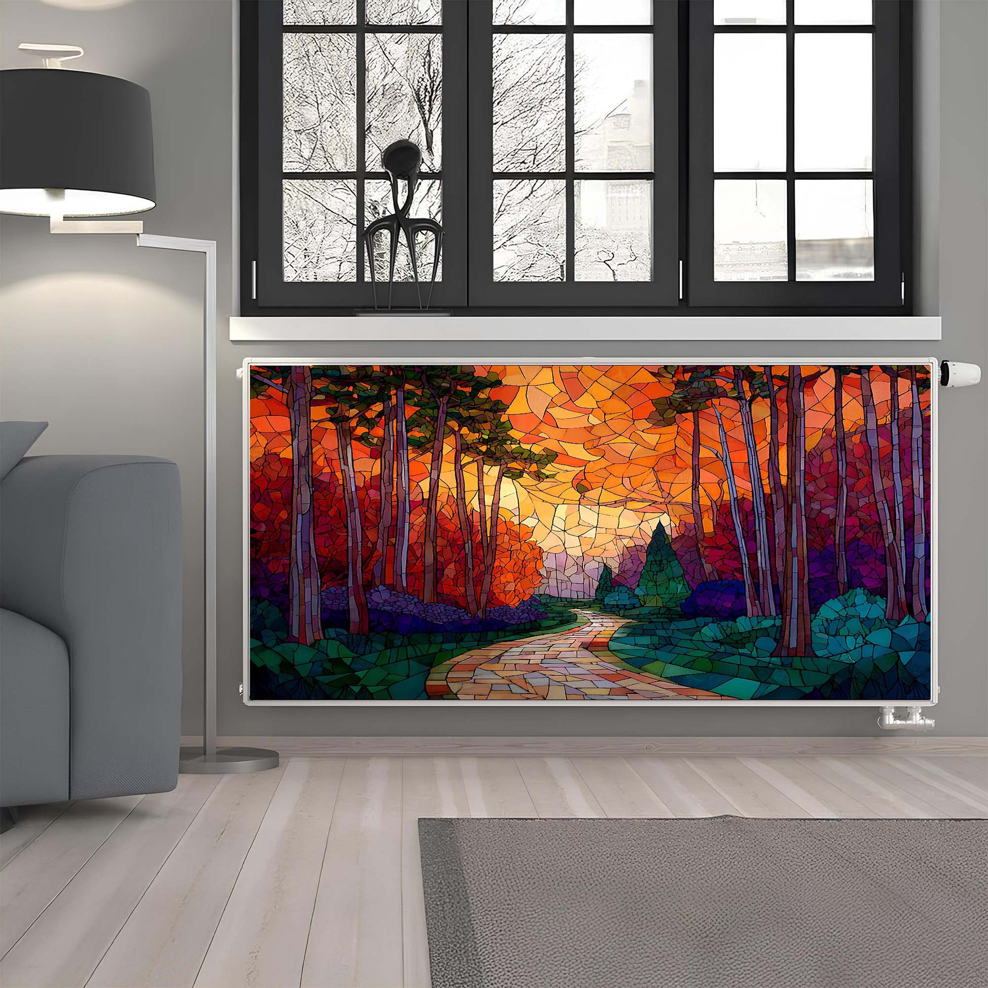 Colorful forest scene on a magnetic radiator cover in a modern living room.