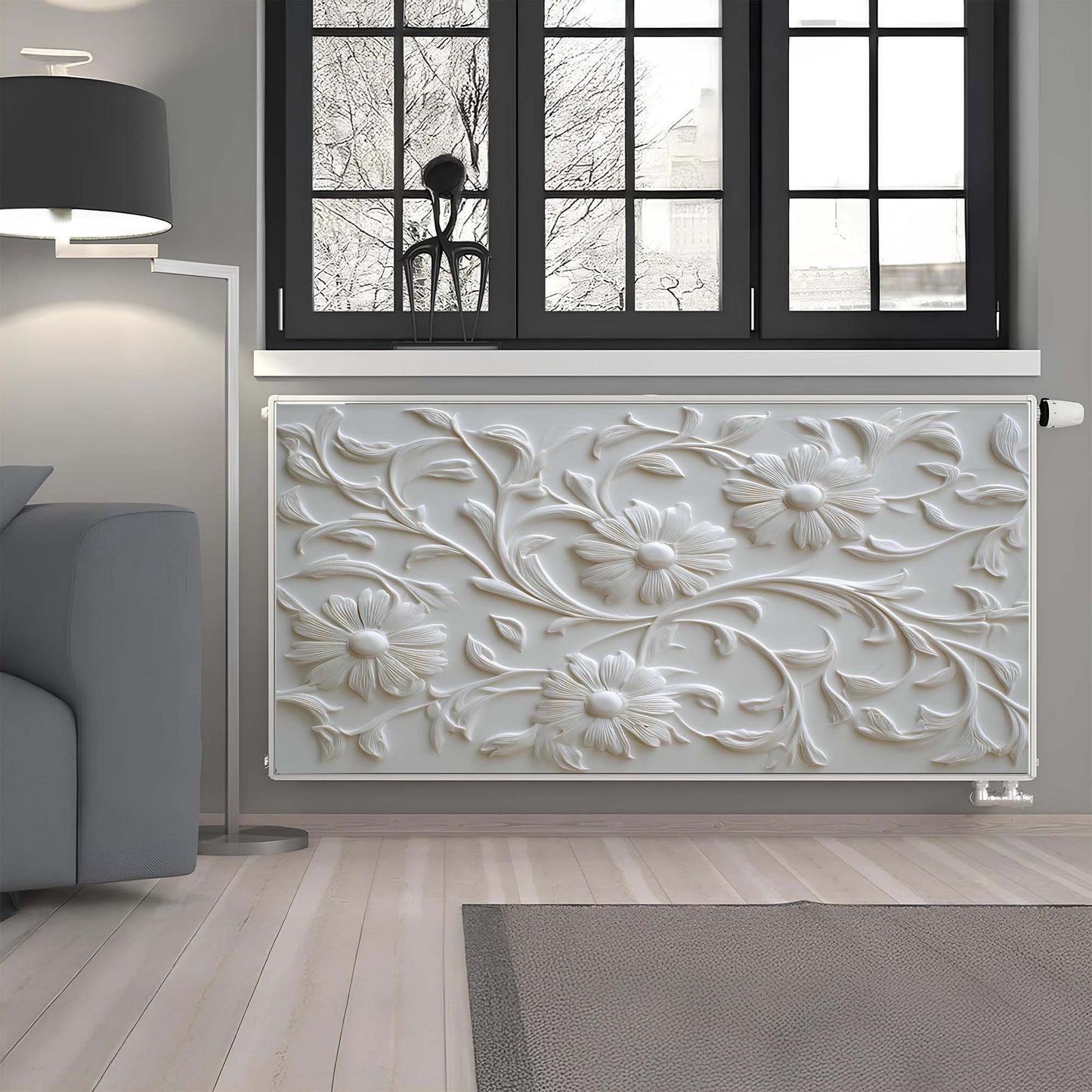 Decorative magnetic radiator cover with floral design in a modern living room.