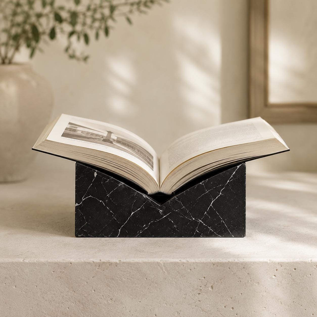 Black Marquina marble book stand displaying an open book on a bright neutral shelf.