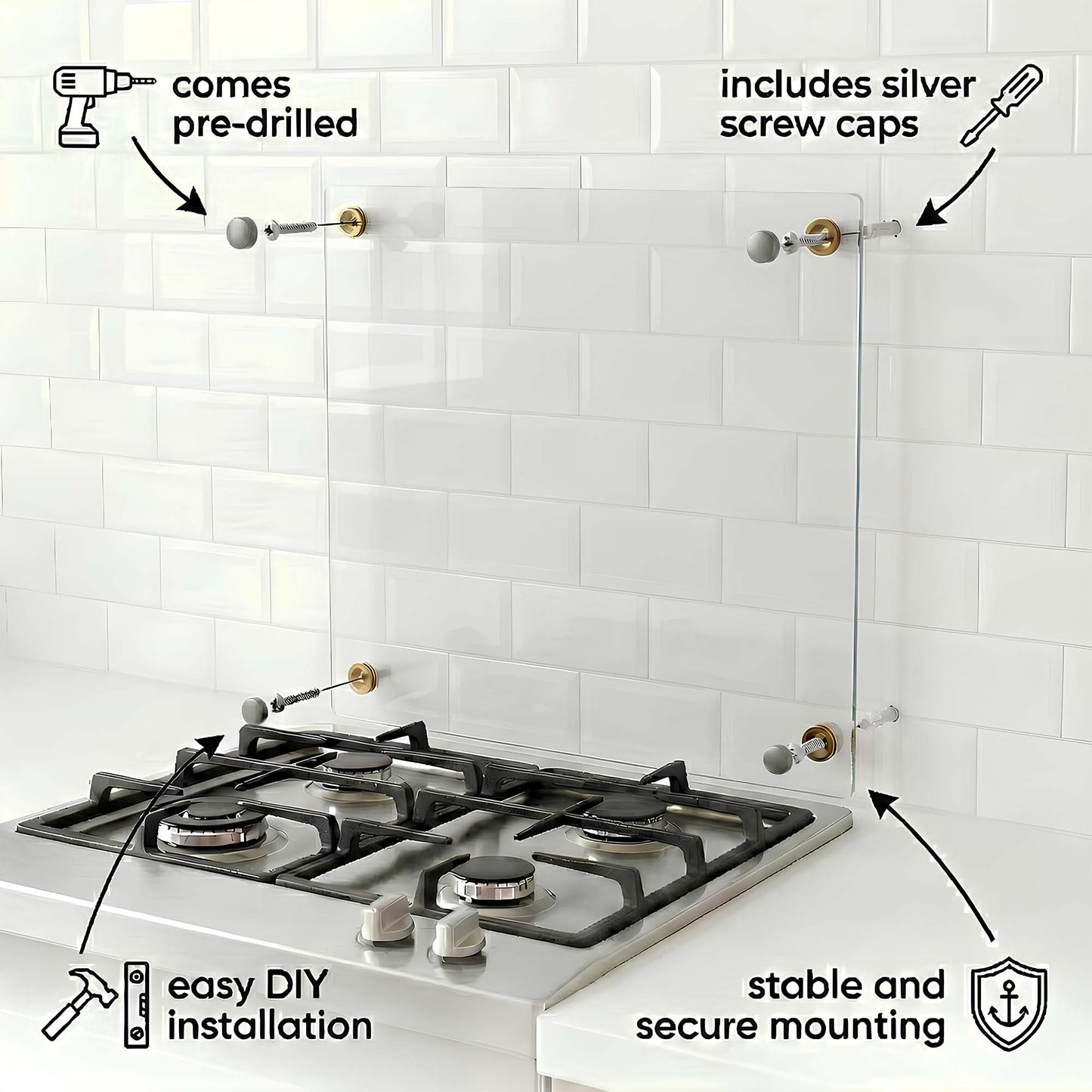Stove with pre-drilled holes and screw caps on a tiled wall, highlighting features like easy DIY installation and stable mounting.