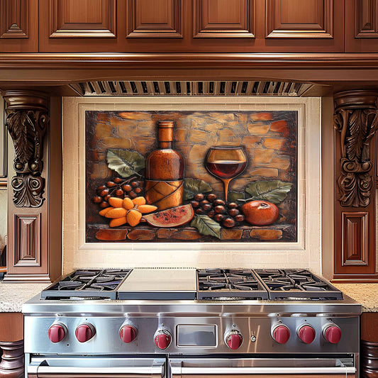 Stainless steel stove with decorative backsplash in a kitchen setting