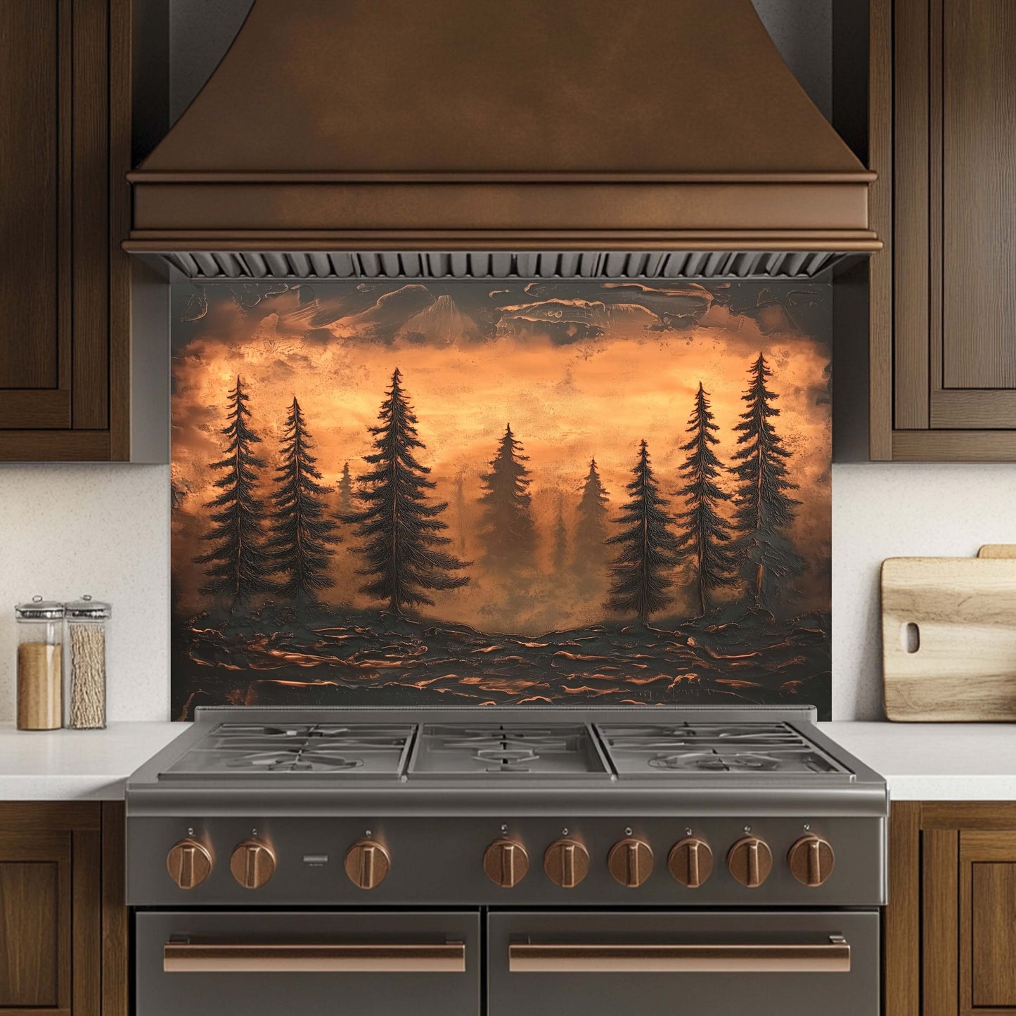 Stainless steel stove with a decorative glass backsplash featuring trees and a sunset.