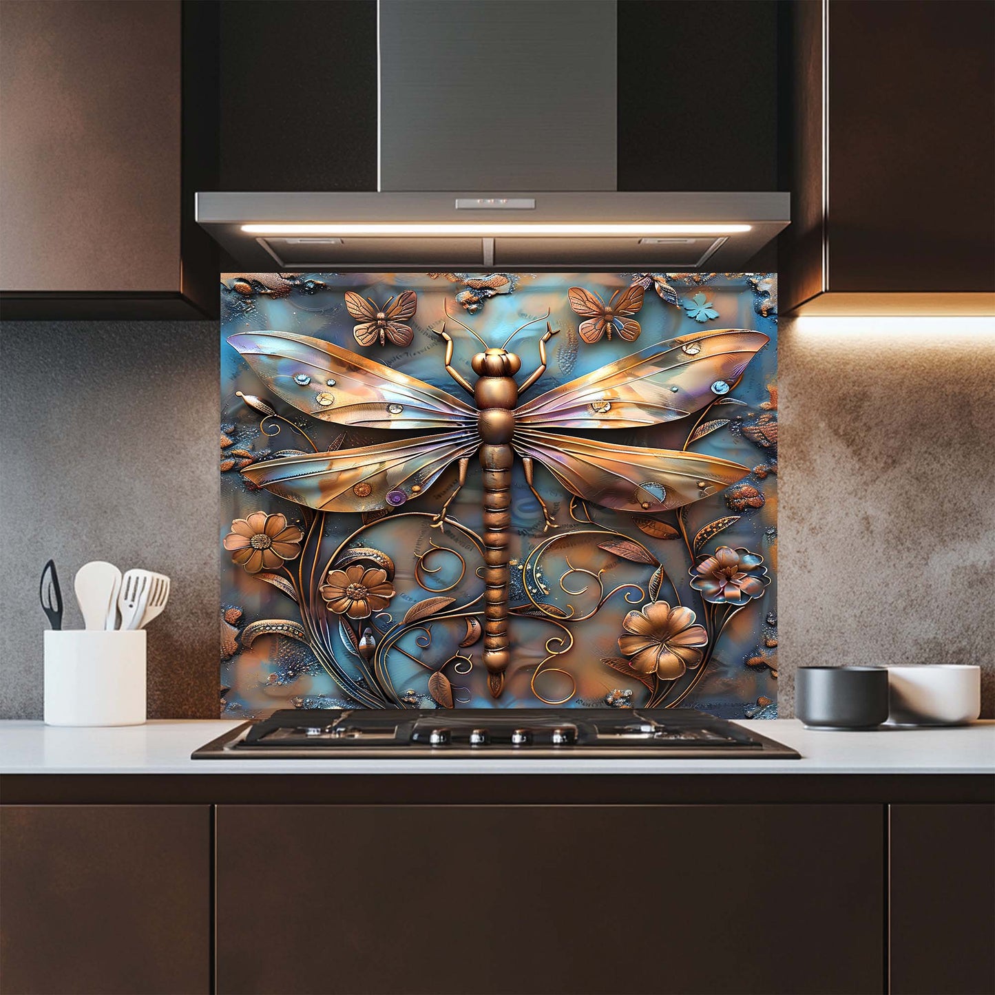 Decorative backsplash with a dragonfly design in a kitchen setting