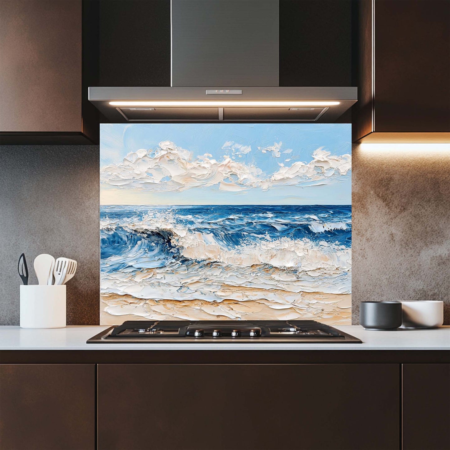 Ocean wave beach design on tempered glass backsplash. Glossy, textured look, easy to clean, custom size backsplash.