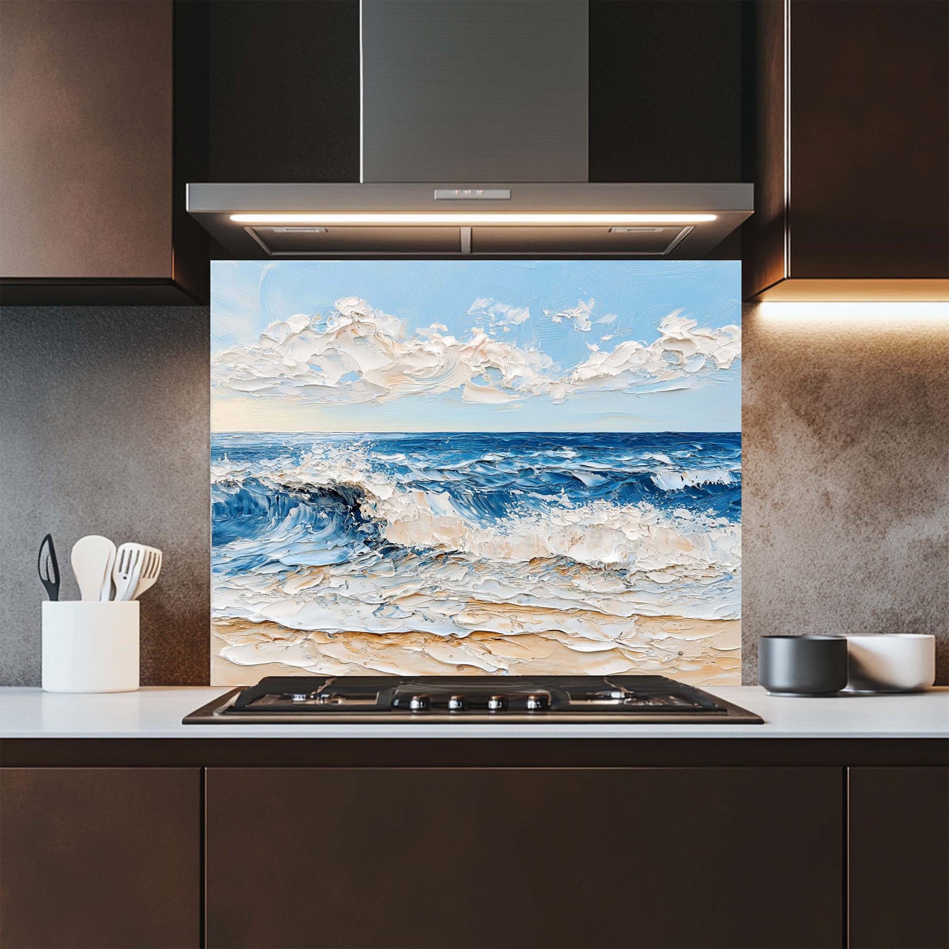 Ocean wave beach design on tempered glass backsplash. Glossy, textured look, easy to clean, custom size backsplash.