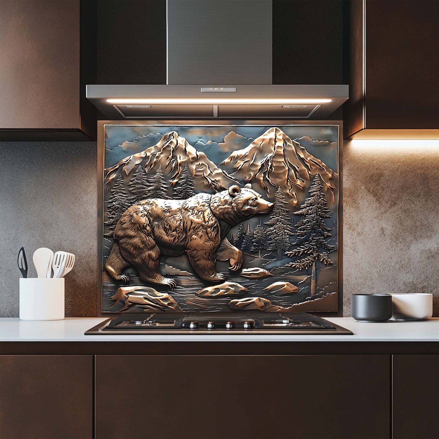 Decorative glass backsplash of a bear and mountains above a stove in a kitchen.