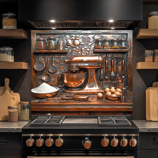 Stylized kitchen scene with copper appliances and utensils design on glass backsplash
