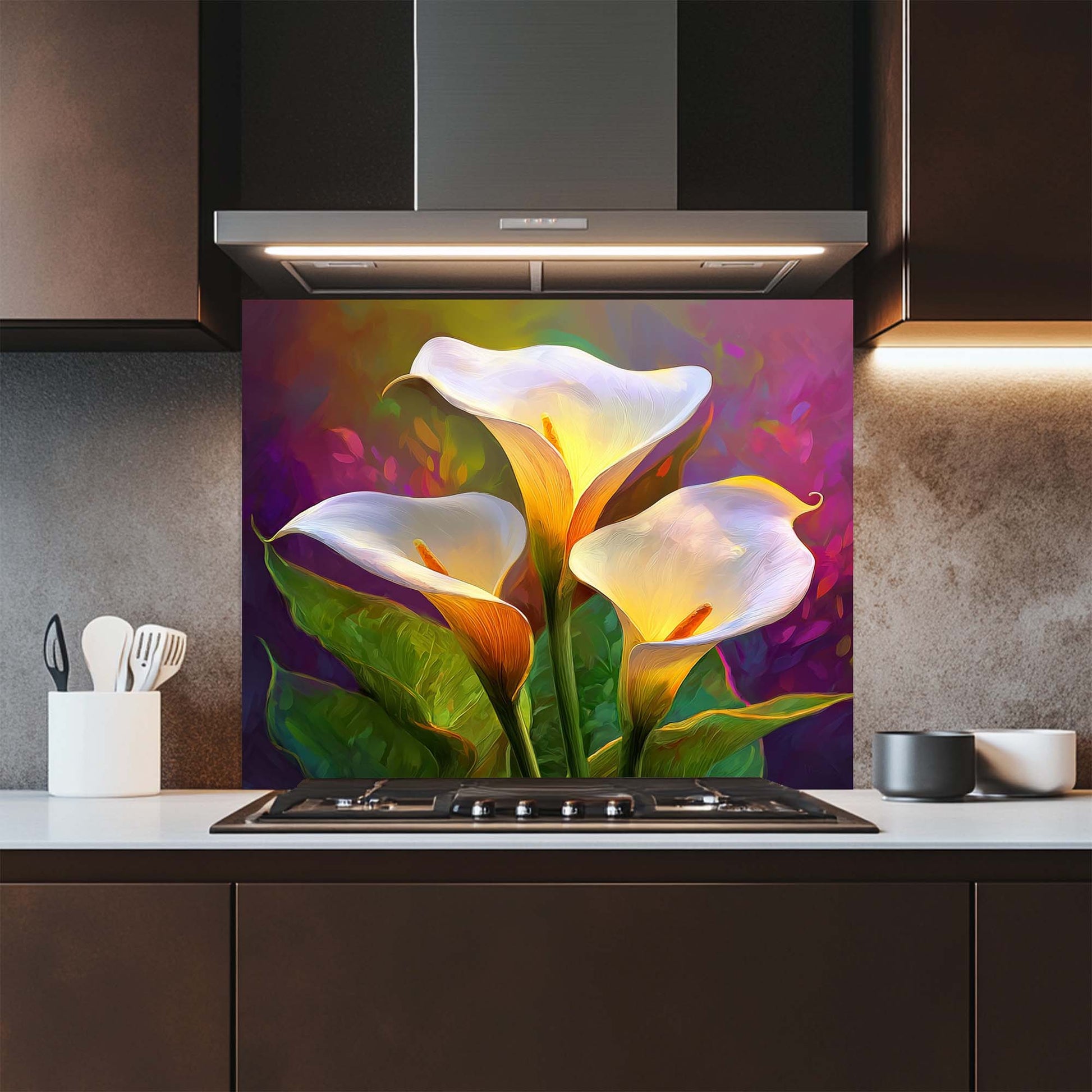 Kitchen with a colorful floral design glass backsplash above a stove.