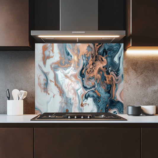 Kitchen with a decorative glass splashback featuring a marbled design.