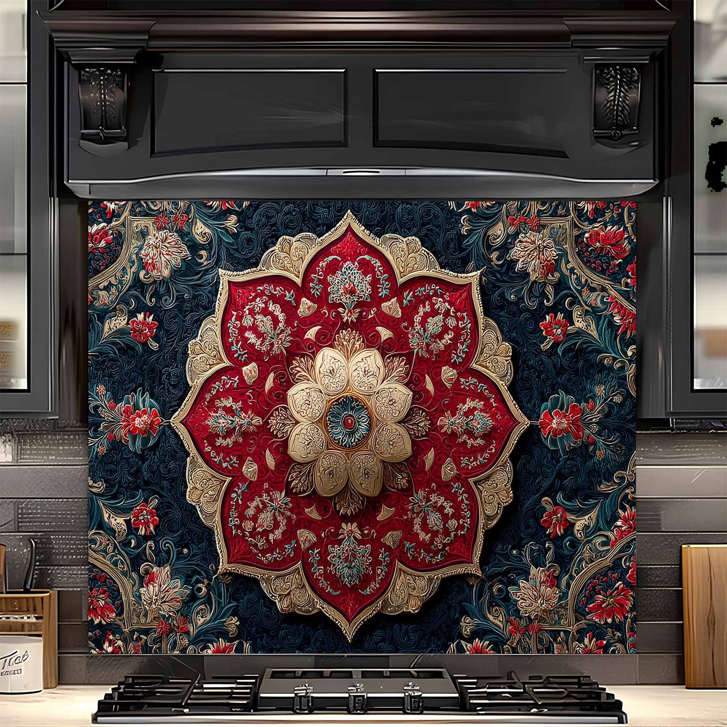 Decorative glass backsplash with intricate floral and geometric design in red, gold, and blue on a kitchen wall.