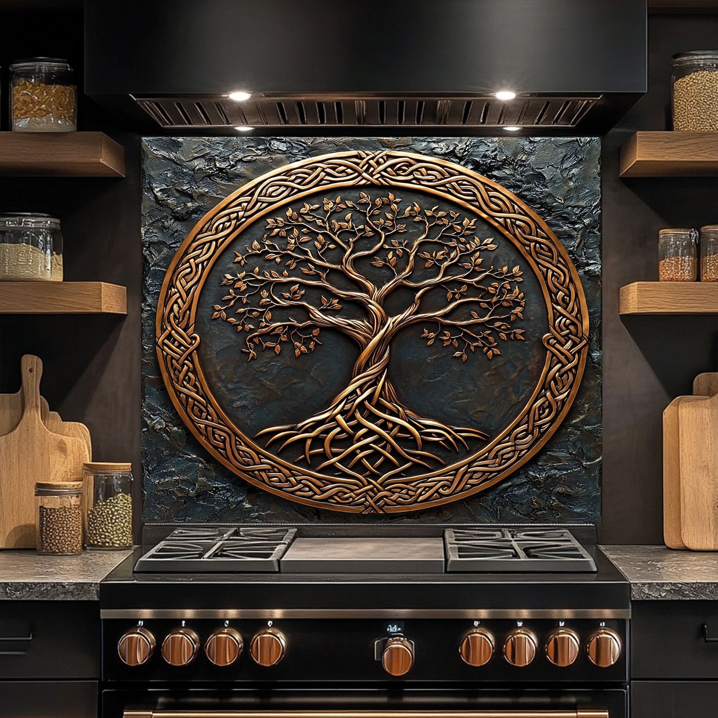 Decorative backsplash with a tree design above a stove in a kitchen setting.
