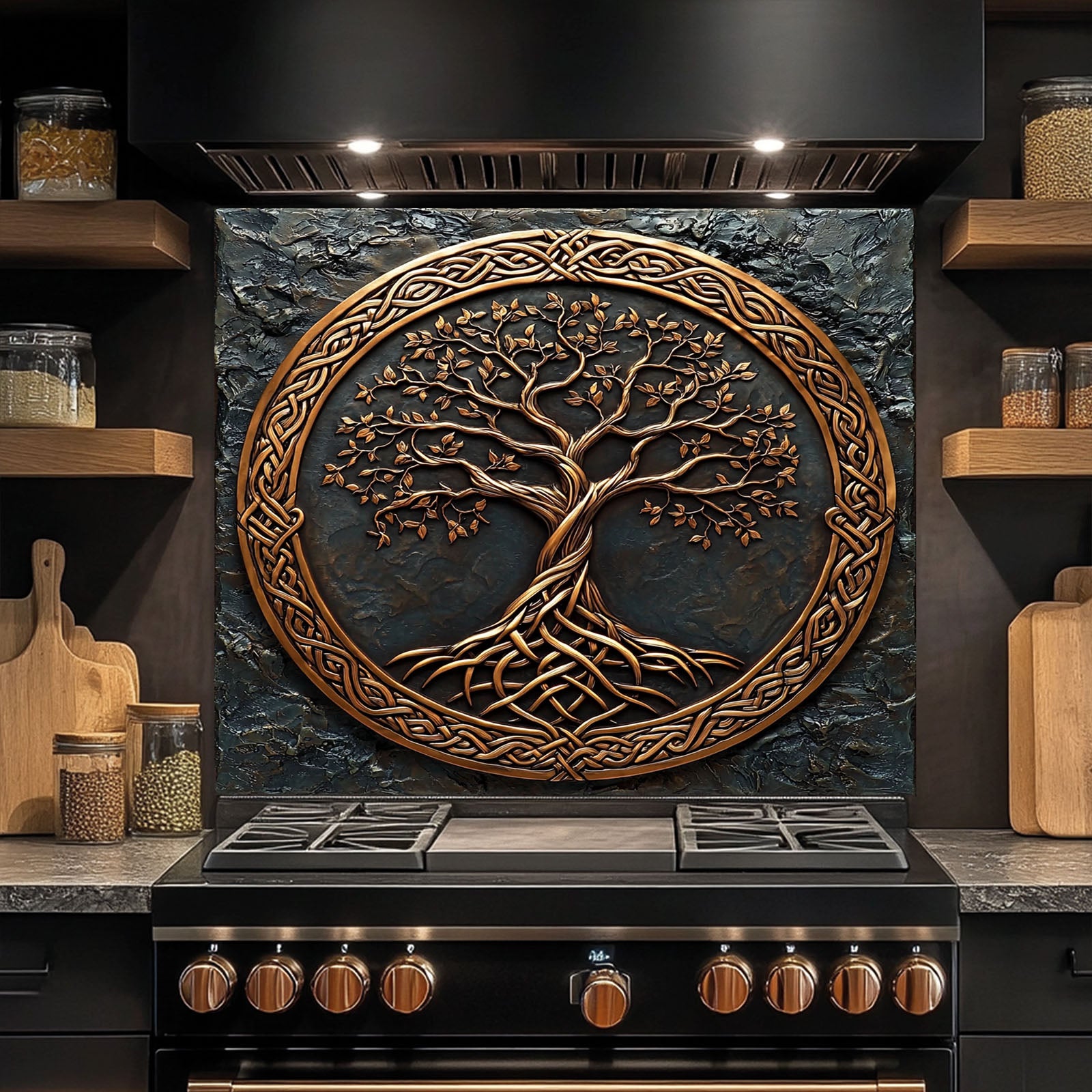 Decorative backsplash with a tree design above a stove in a kitchen setting.