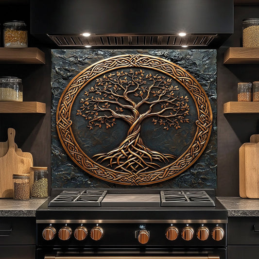 Decorative backsplash with a tree design above a stove in a kitchen setting.