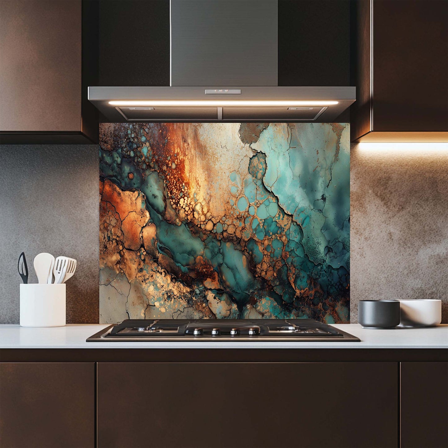 Tempered Glass Backsplash – Abstract Copper and Turquoise Texture with Metallic Finish, Modern Kitchen Decor
