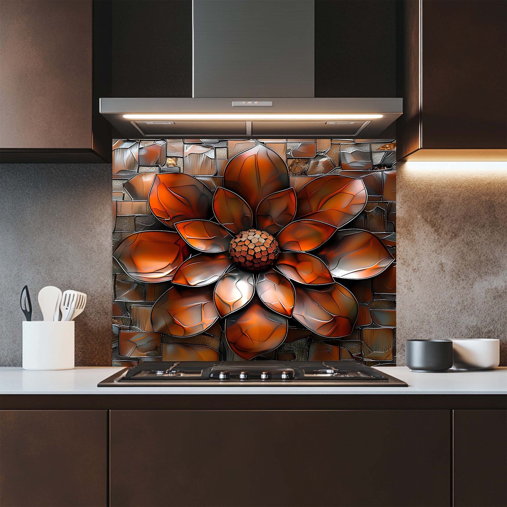 Kitchen with a decorative glass backsplash featuring a large flower design.