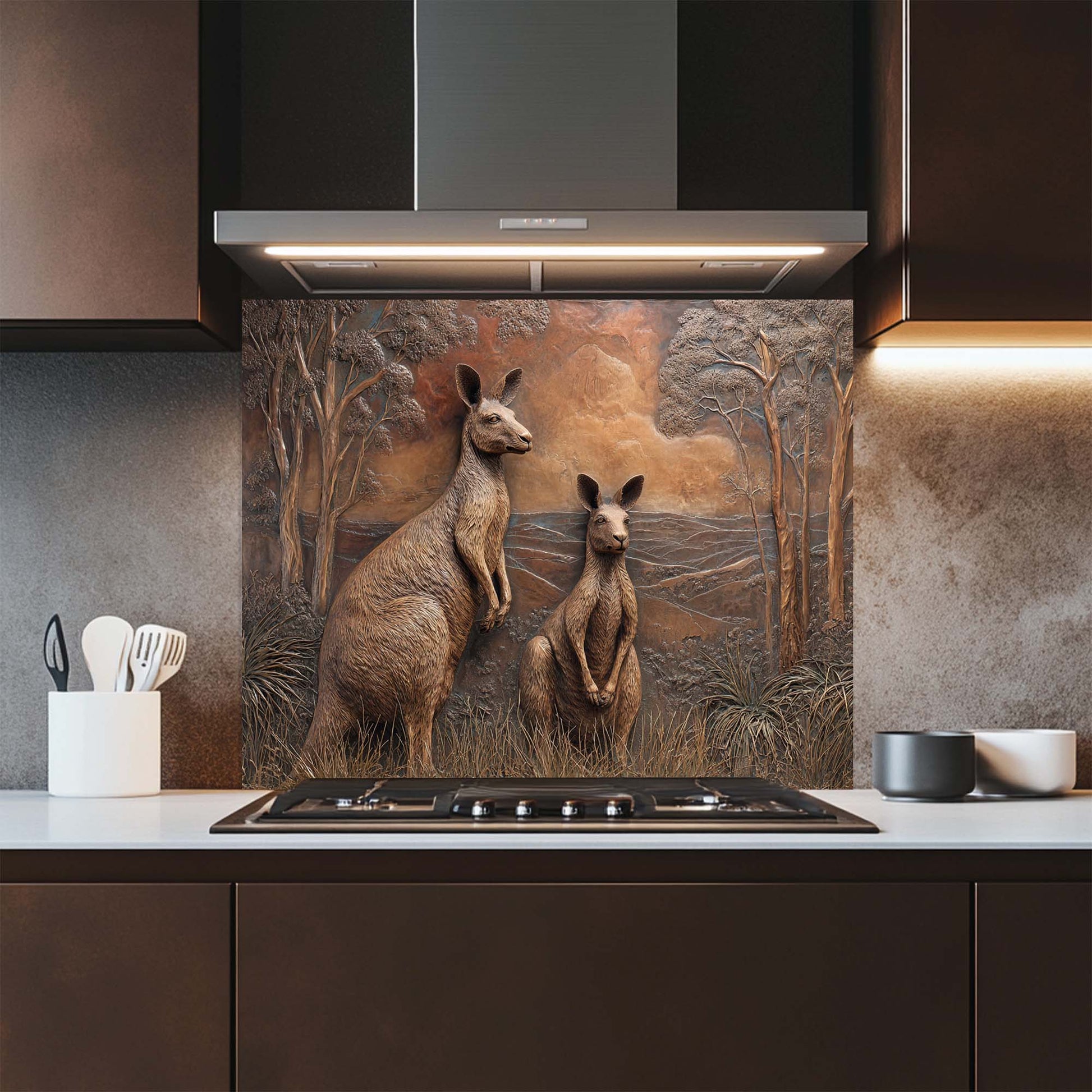 Kitchen with a decorative glass backsplash featuring kangaroos.