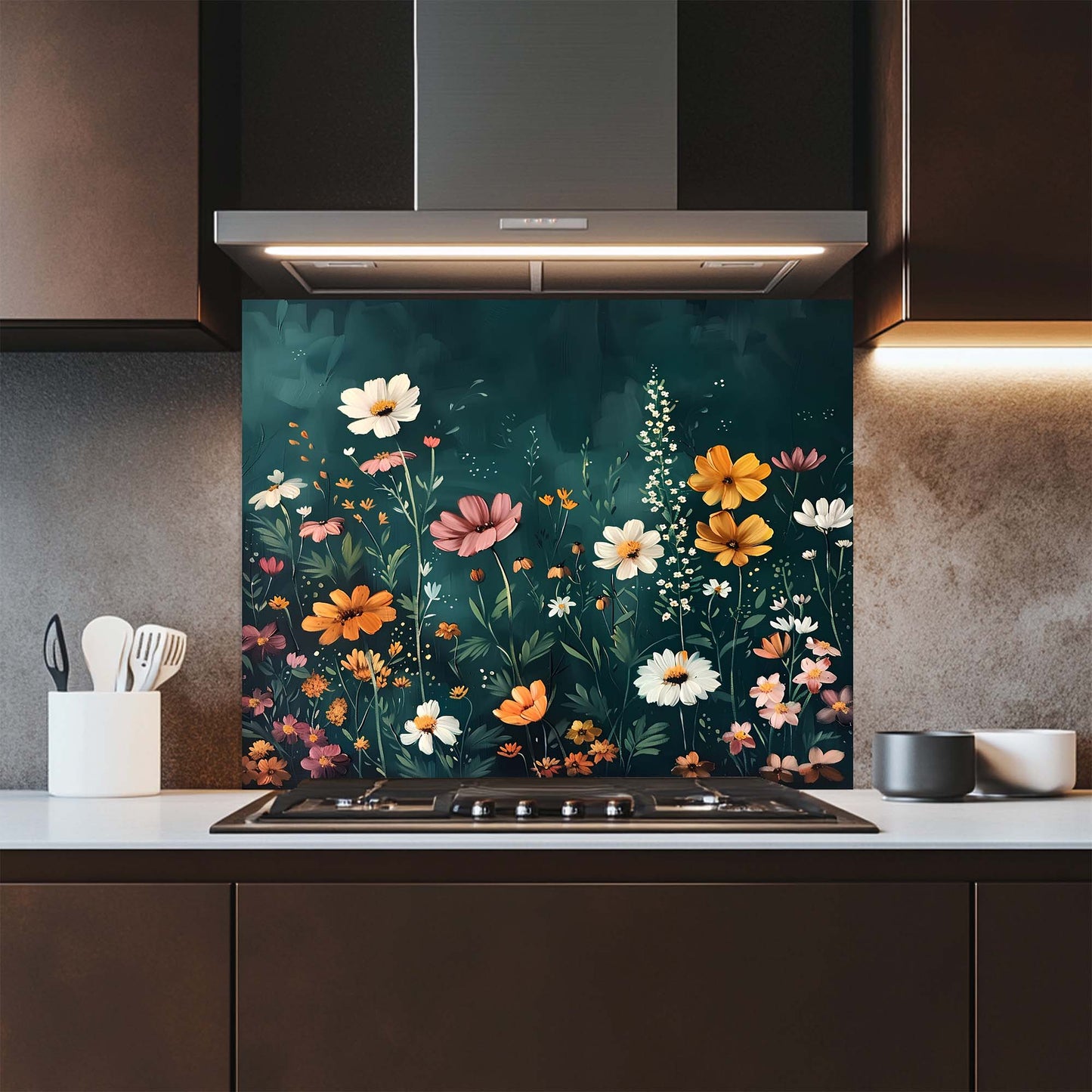 Kitchen with a floral glass splashback panel