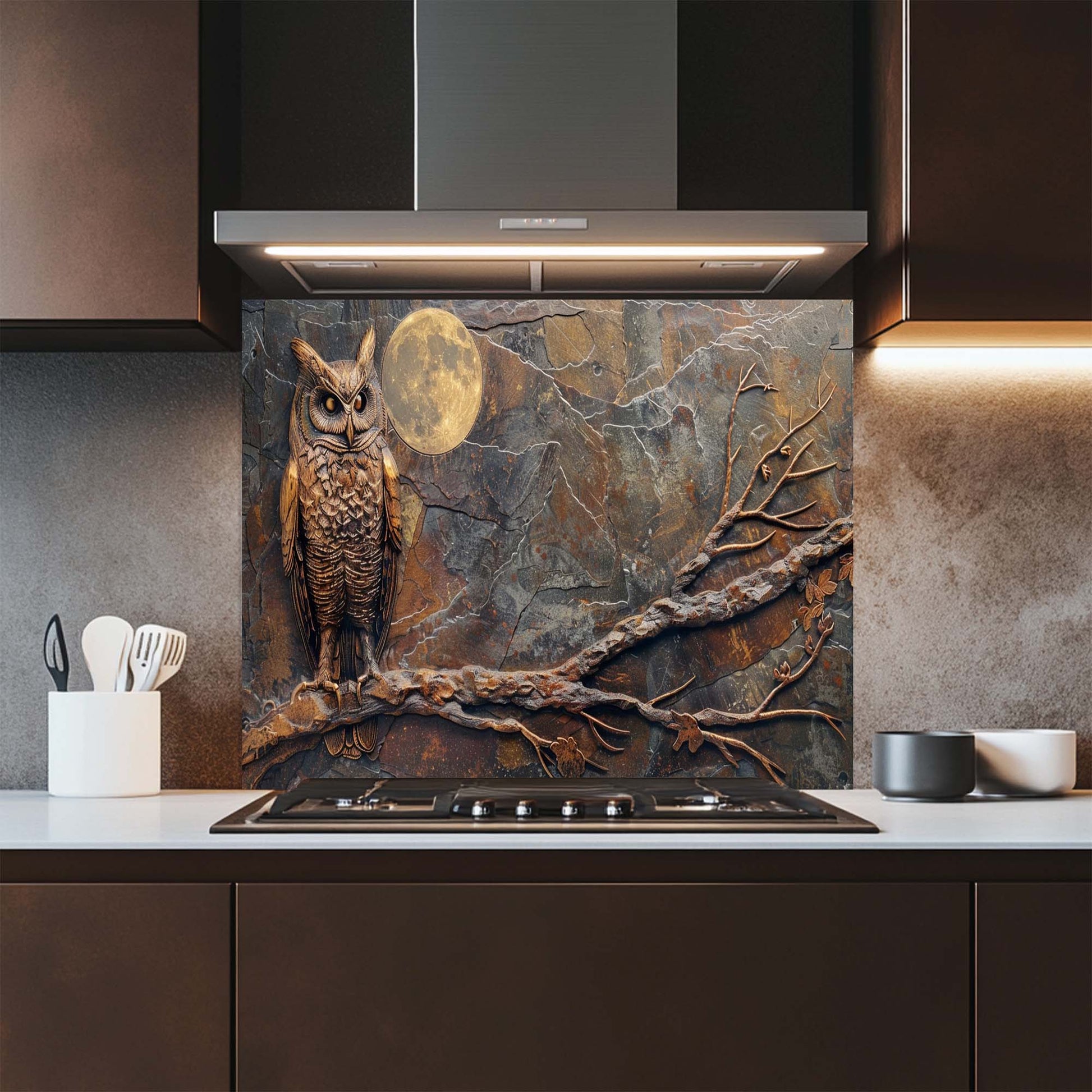 Kitchen with a decorative owl and moon splashback behind a stove.