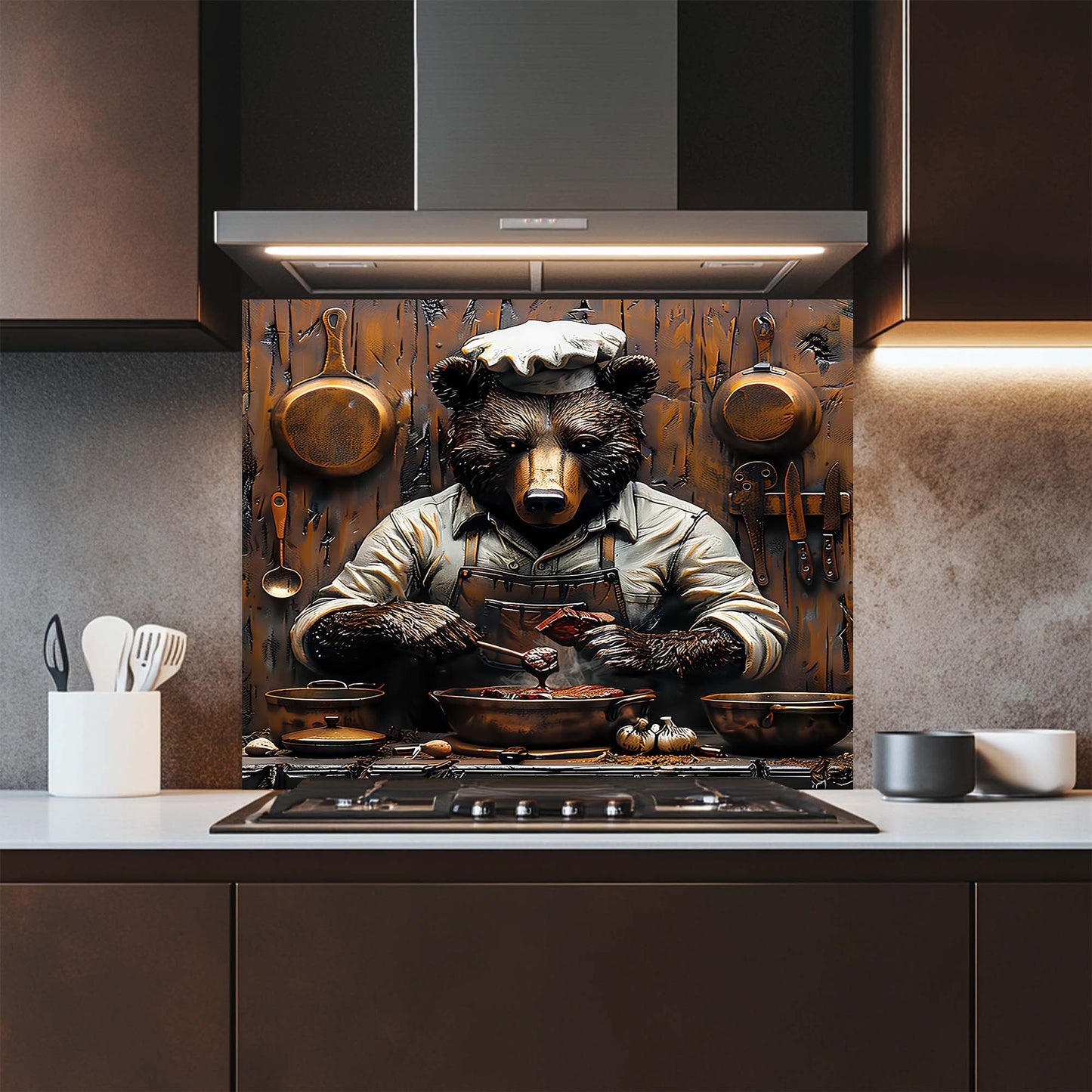 Kitchen backsplash with a bear chef design